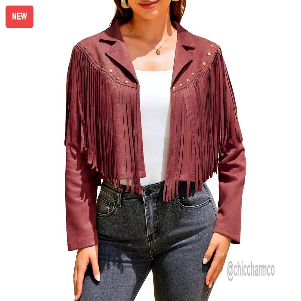 Faux Suede Fringe Leather Jacket Cropped Western Motorcycle Style Rivets